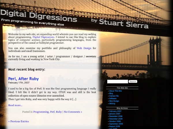 screenshot of my blog, Digital Digressions, with a background image of the Brooklyn and Manhattan bridges
